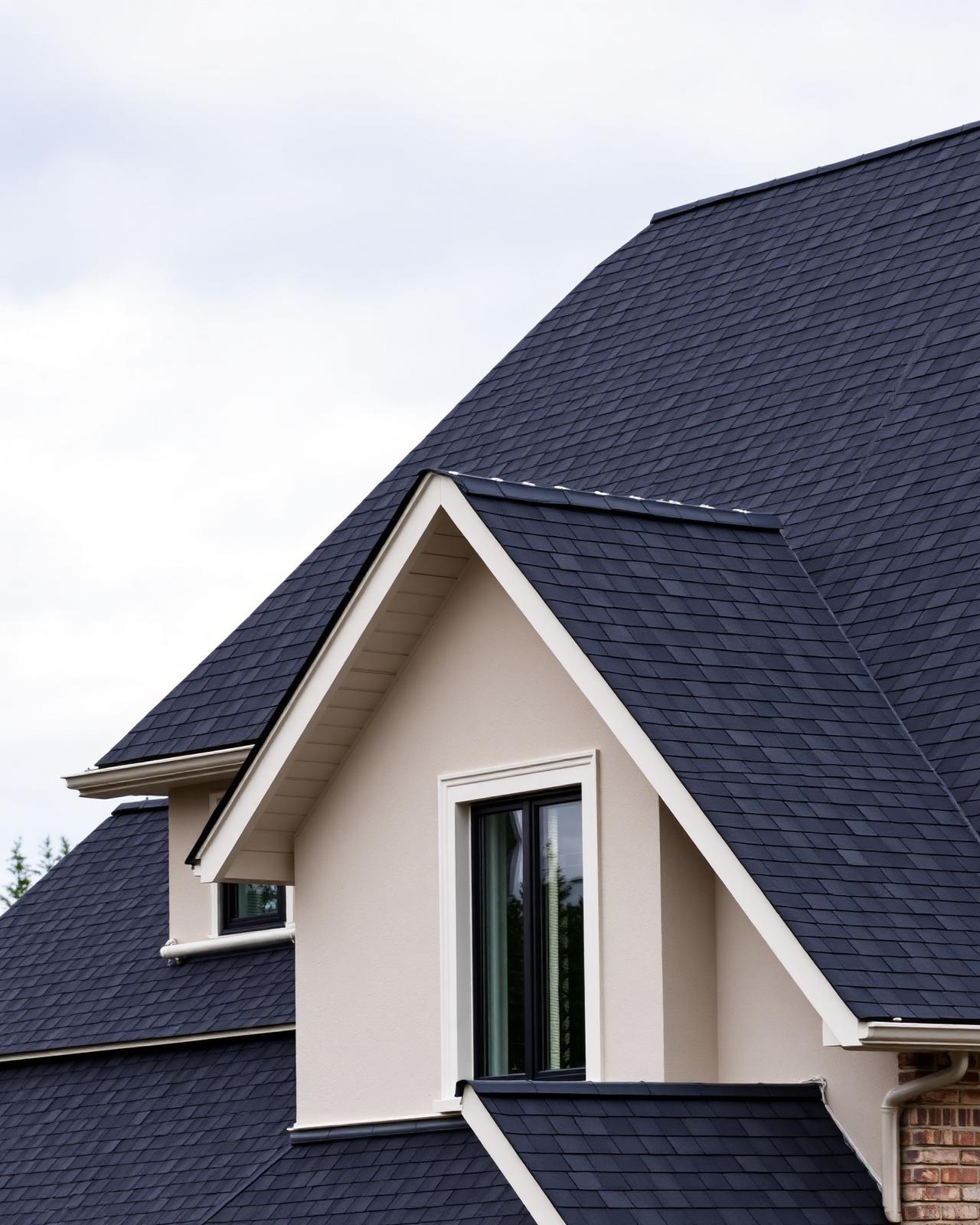 Freshly installed dark architectural shingle roof on a modern home
